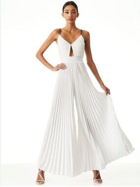 Alice + Olivia Gloria Chain Strap Jumpsuit Pleated Wide Leg Dressy 8 MEDIUM